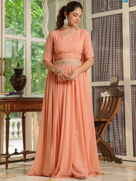 Janasya Peach Georgette Foil Print Lehenga Choli Dupatta | Swadesiicart
