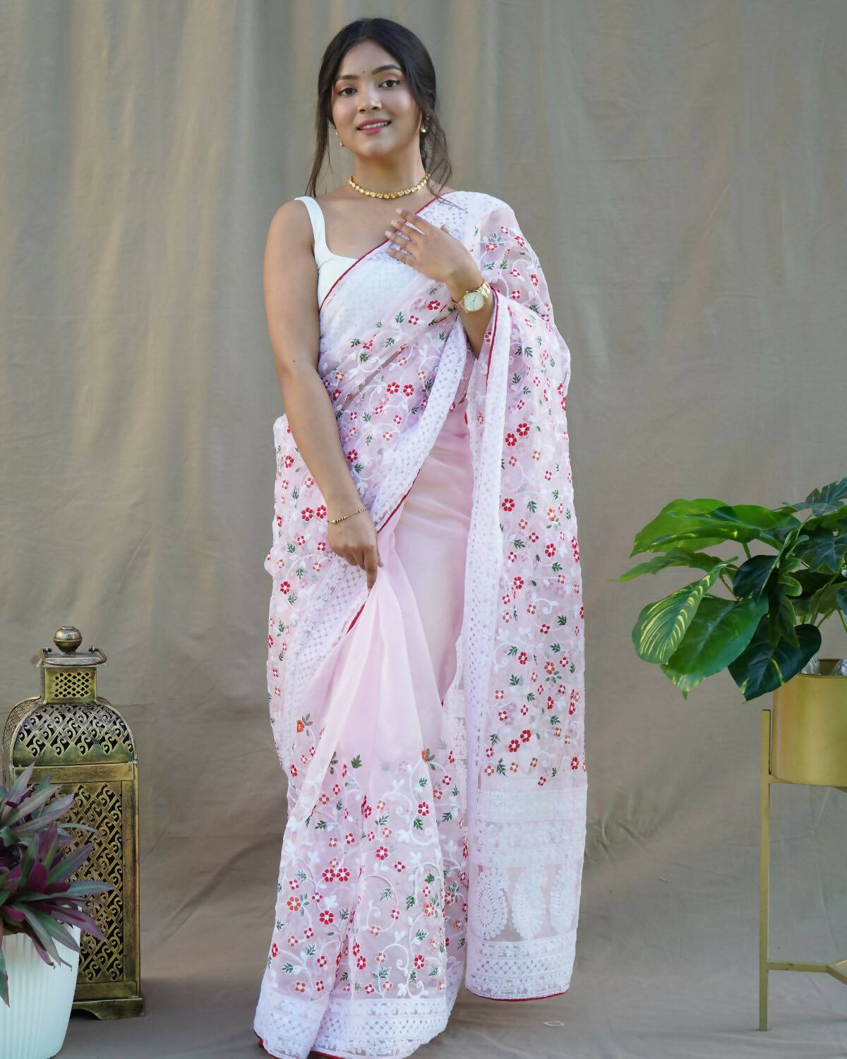 Vamsee Baby Pink Organza Saree - Swadesiicart