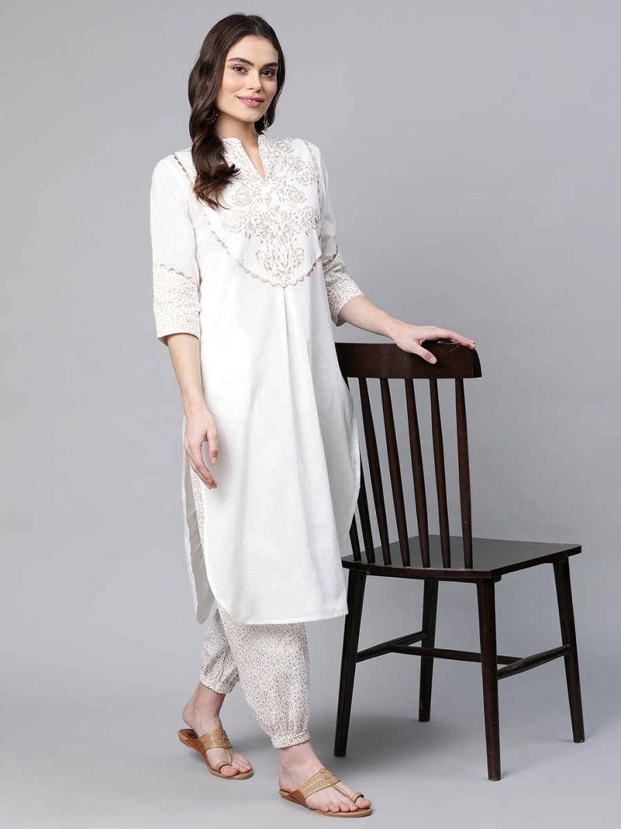 Ahalyaa Women Offwhite Pure Cotton Printed Kurta With Trousers | Swadesiicart