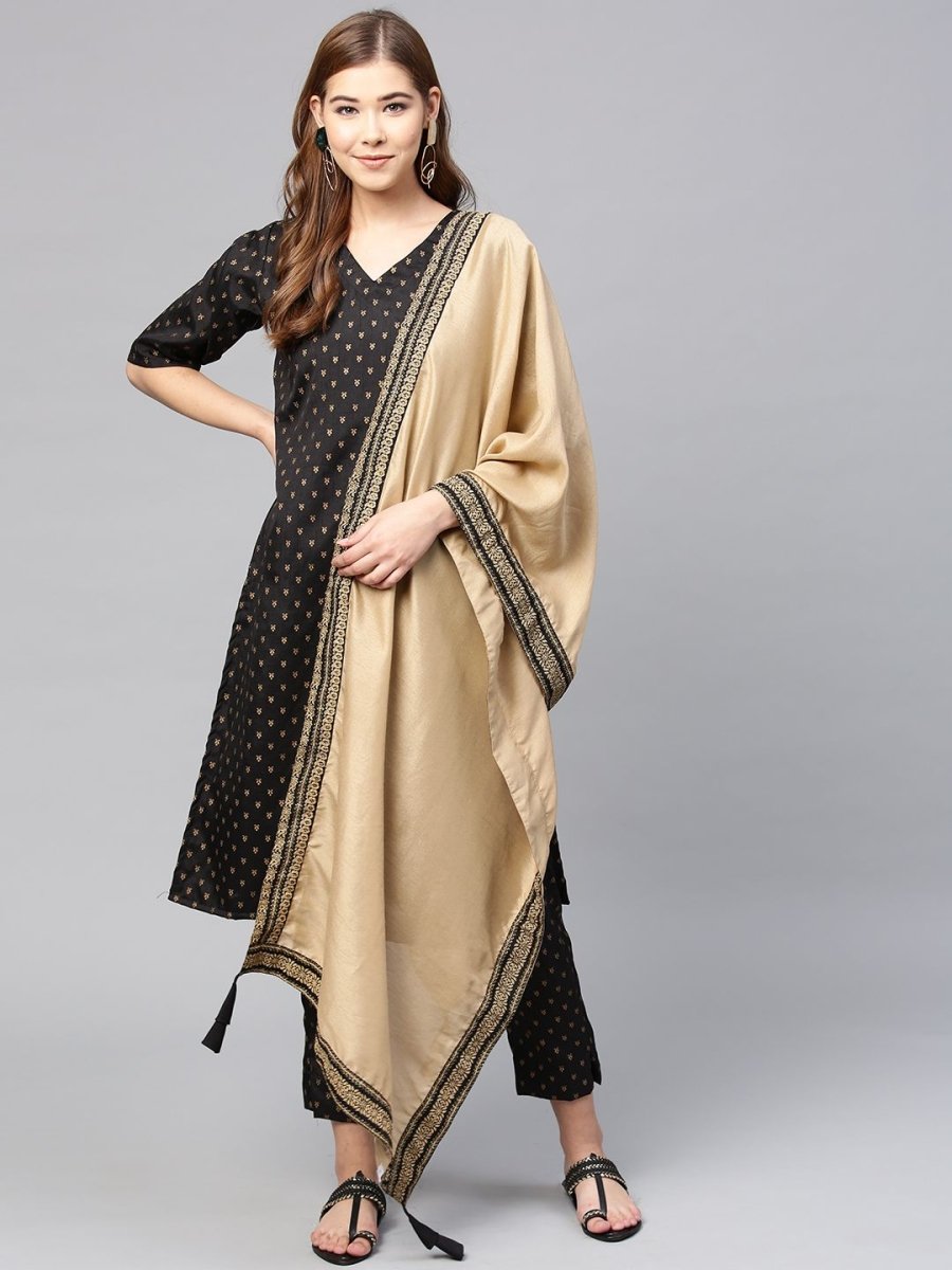 Ahalyaa Women's Black Poly Silk Printed Kurta Pant With Dupatta | Swadesiicart