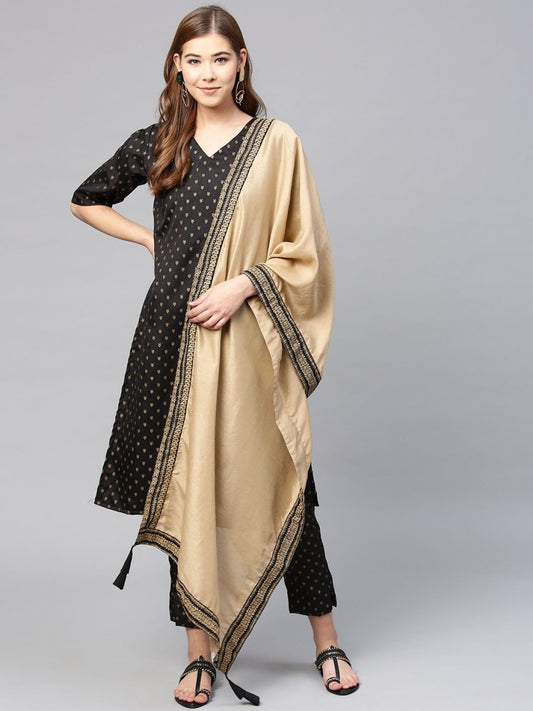 Ahalyaa Women's Black Poly Silk Printed Kurta Pant With Dupatta | Swadesiicart