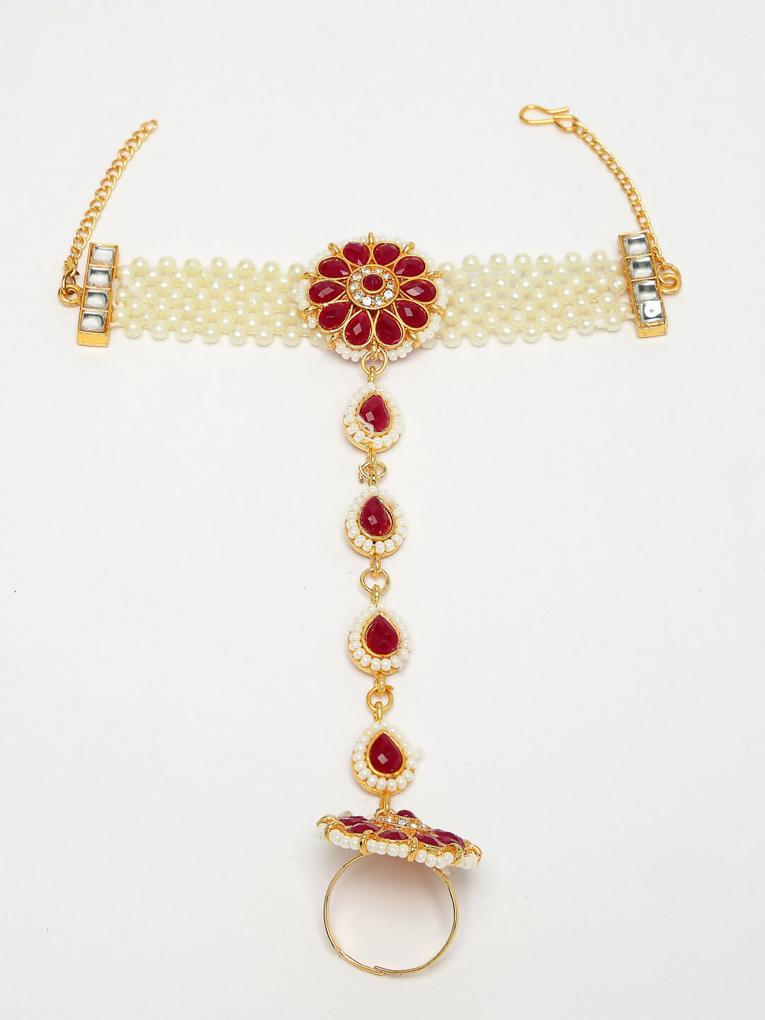 NVR Women's Red Gold-Polished Stone Studded Handcrafted Ring Bracelet - Swadesiicart