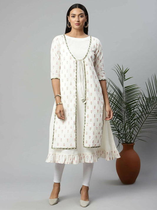 Ahalyaa Women's Off White Cotton Printed Kurta | Swadesiicart