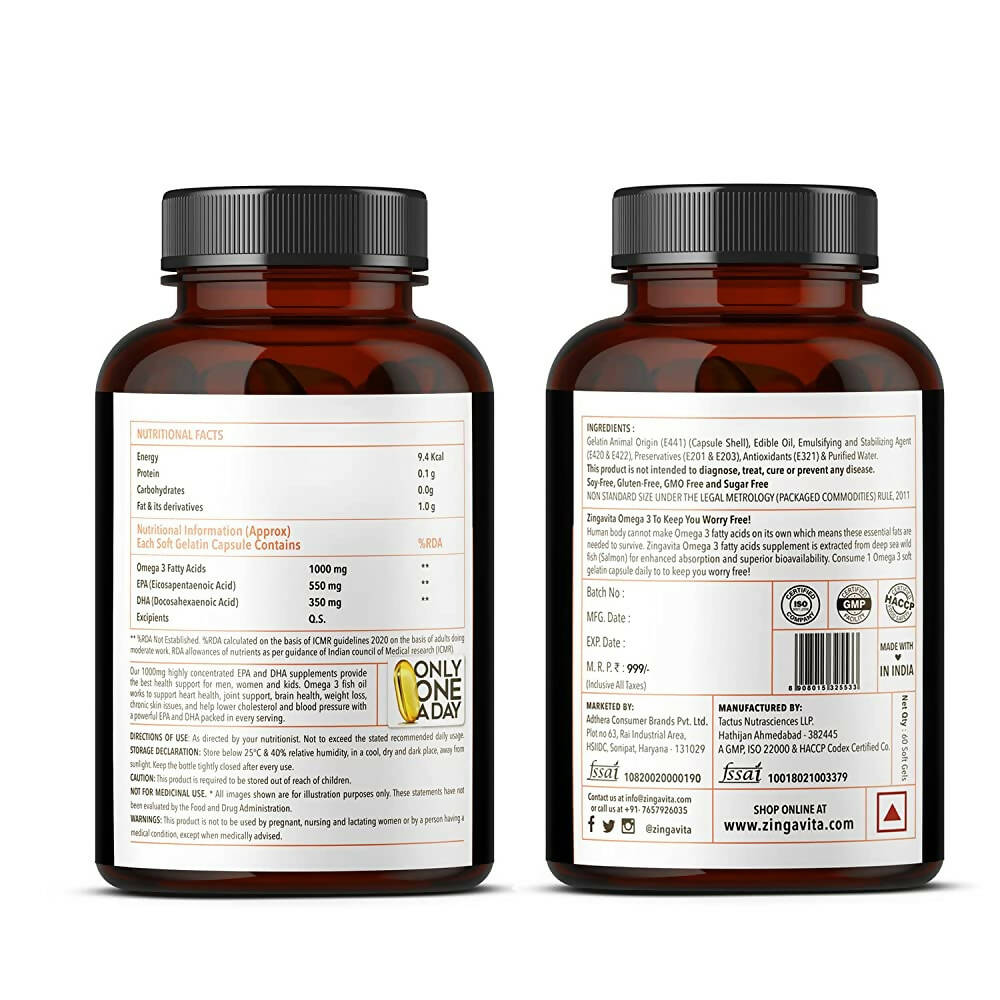 Zingavita Triple Strength Omega 3 Fish Oil 1000 mg Softgel Capsules | Swadesiicart
