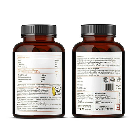 Zingavita Triple Strength Omega 3 Fish Oil 1000 mg Softgel Capsules | Swadesiicart