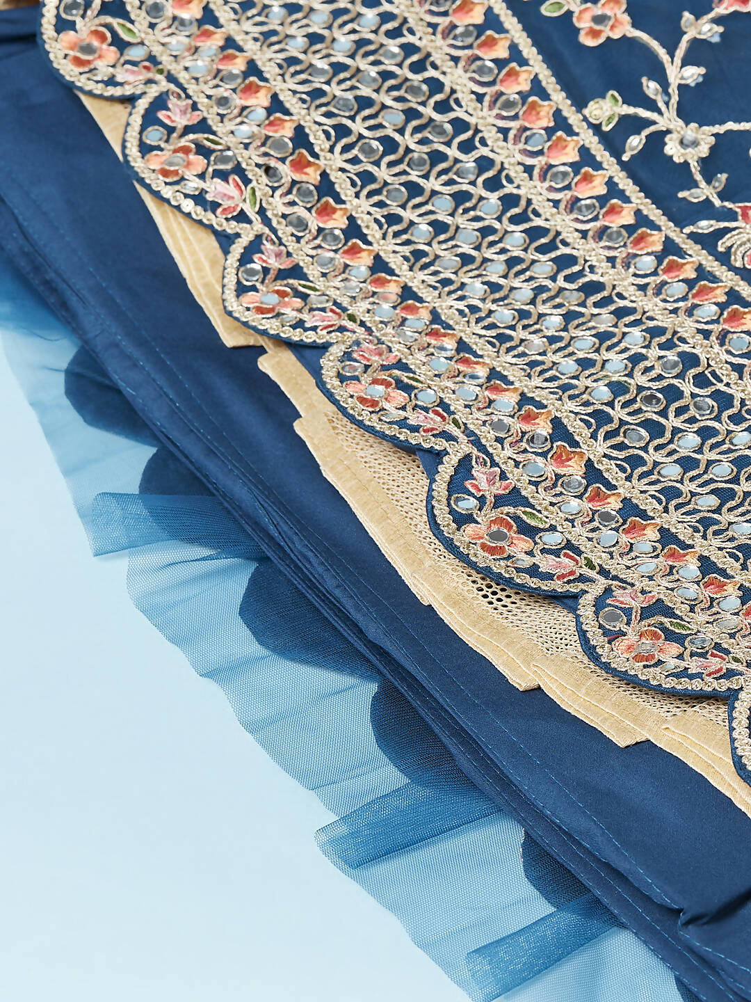 House of Panchhi Teal Net Semi stitched Coding and Mirror Work Lehenga Choli | Swadesiicart