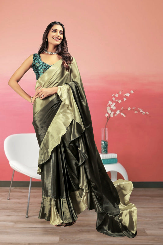 Green Satin Solid Designer, Printed Party Wear Ready To Wear Saree - Nasreen | Swadesiicart