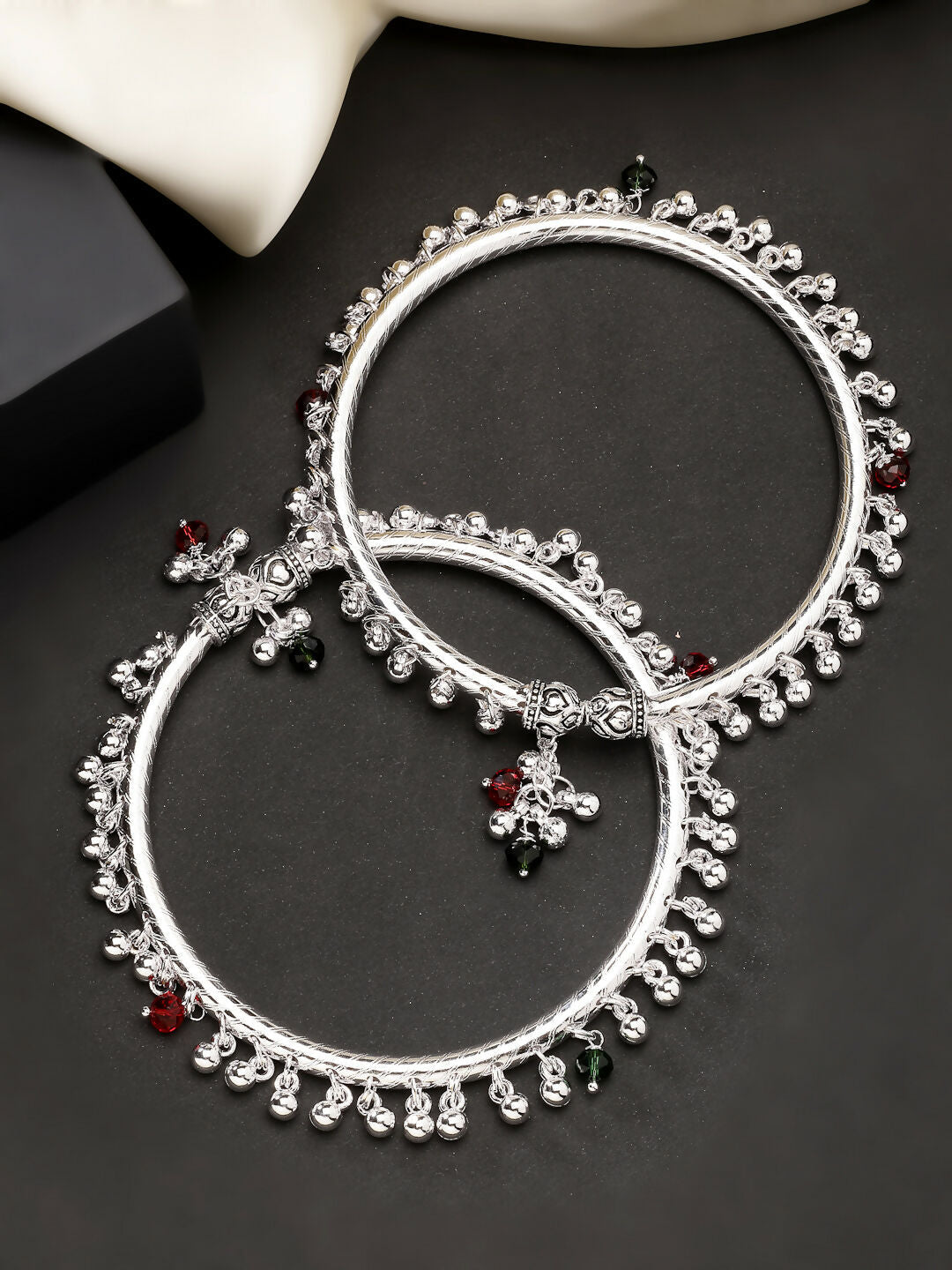NVR Women's Set of 2 Silver-Plated Kada Anklets - Swadesiicart
