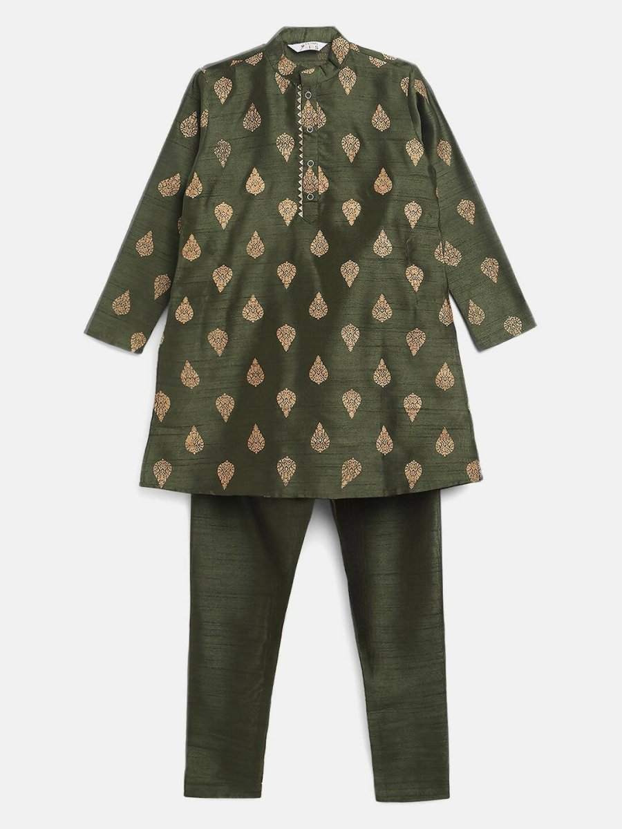 Ahalyaa Green Poly Silk Gold Print Kids Kurta Churidar Set For Boys | Swadesiicart