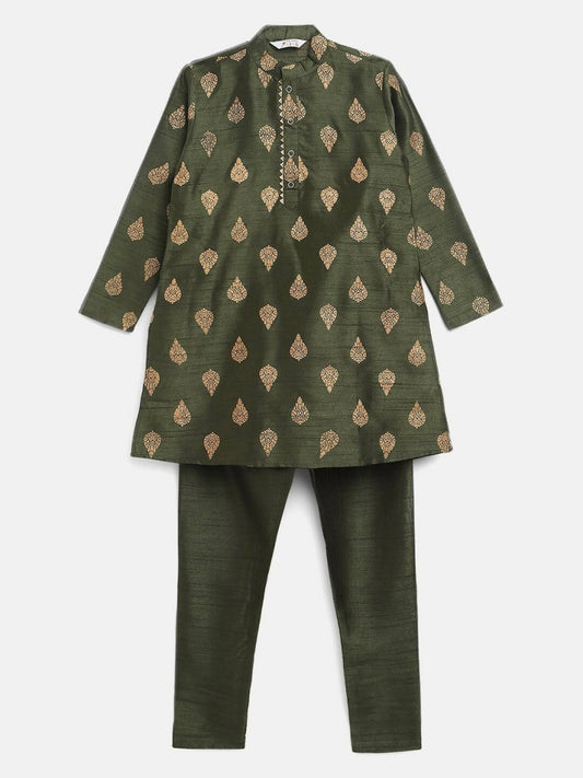 Ahalyaa Green Poly Silk Gold Print Kids Kurta Churidar Set For Boys | Swadesiicart