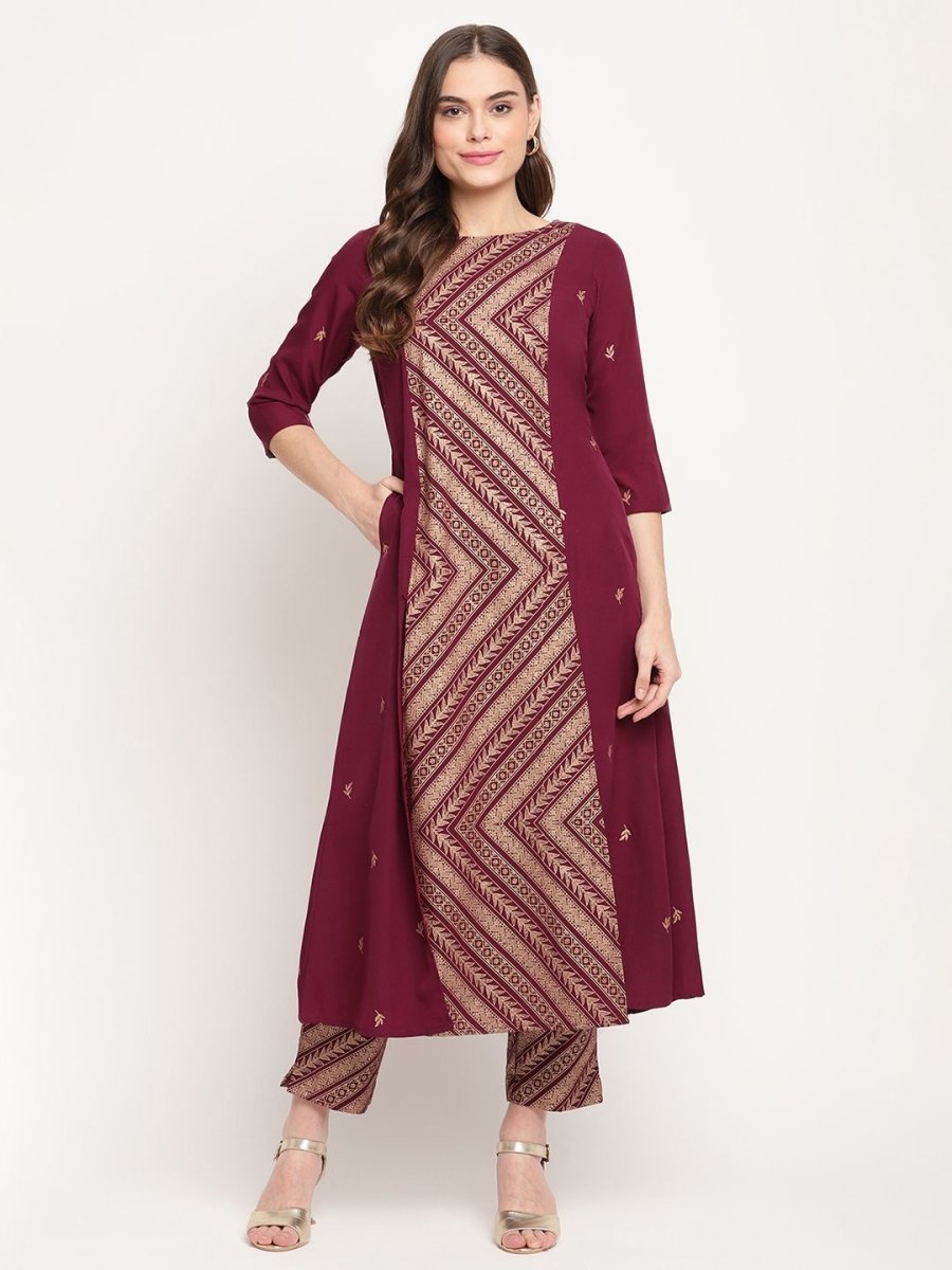 Ahalyaa Women's Wine Crepe Gold Glitter Print Kurta Trouser Set | Swadesiicart