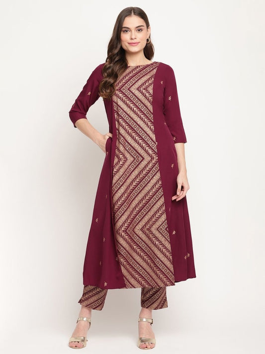 Ahalyaa Women's Wine Crepe Gold Glitter Print Kurta Trouser Set | Swadesiicart