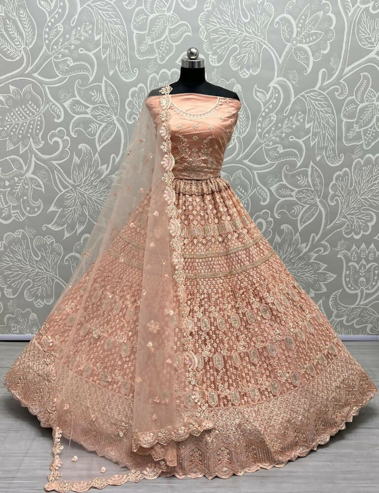 Jyoti Fashion Women's Peach Heavy Net Fancy Dori, Multi Thread, Rainbow Sequins and Diamond Work Wedding Lehenga Choli | Swadesiicart