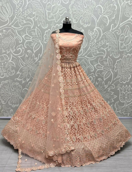Jyoti Fashion Women's Peach Heavy Net Fancy Dori, Multi Thread, Rainbow Sequins and Diamond Work Wedding Lehenga Choli | Swadesiicart