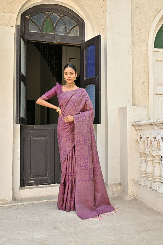 Vishnu Weaves Women's Wine Handloom Raw Silk Saree with Blouse - Swadesiicart