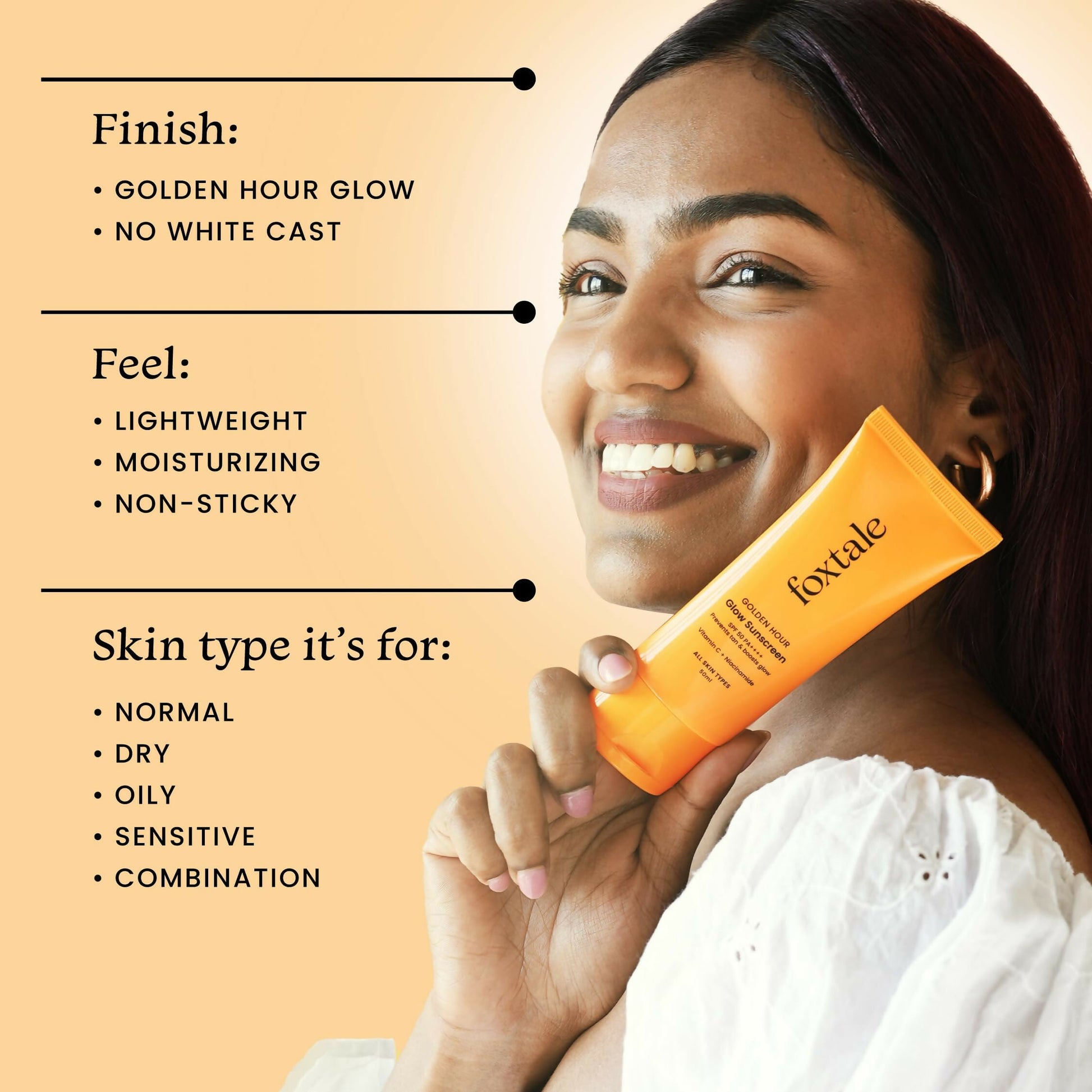 Foxtale Glow Sunscreen SPF 50 PA++++ Lightweight With Vitamin C And Niacinamide For a Dewy Glow, UVA And UVB Filters Prevents Tan - Swadesiicart