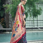 Vishnu Weaves Women's Navy Blue Paithani Patola Silk Zari Woven Saree with Unstitched Blouse - Swadesiicart