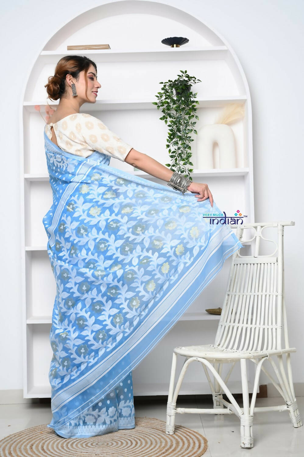 Very Much Indian Jamdhani Cotton Saree - Powder Blue | Swadesiicart
