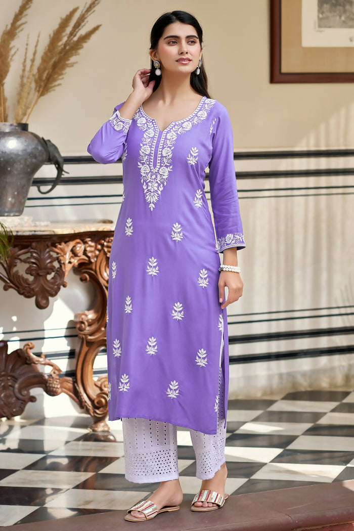The52 Lavender Women's Gorgeous Chikankari work Pure Rayon Fabric Straight Kurta, Pant Set - Swadesiicart