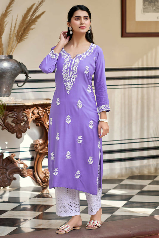 The52 Lavender Women's Gorgeous Chikankari work Pure Rayon Fabric Straight Kurta, Pant Set - Swadesiicart