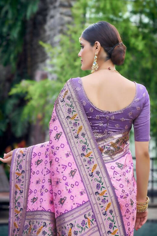 Vishnu Weaves Women's Baby Pink Paithani Patola Silk Zari Woven Saree with Unstitched Blouse - Swadesiicart