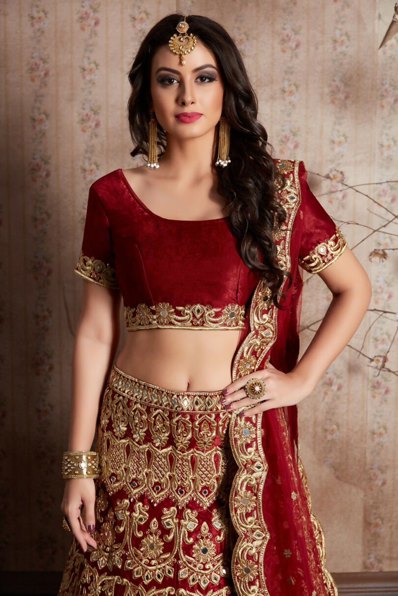 Jyoti Fashion Mesmerizing Red Sequins Embroidered Velvet Lehenga Choli with Dupatta | Swadesiicart