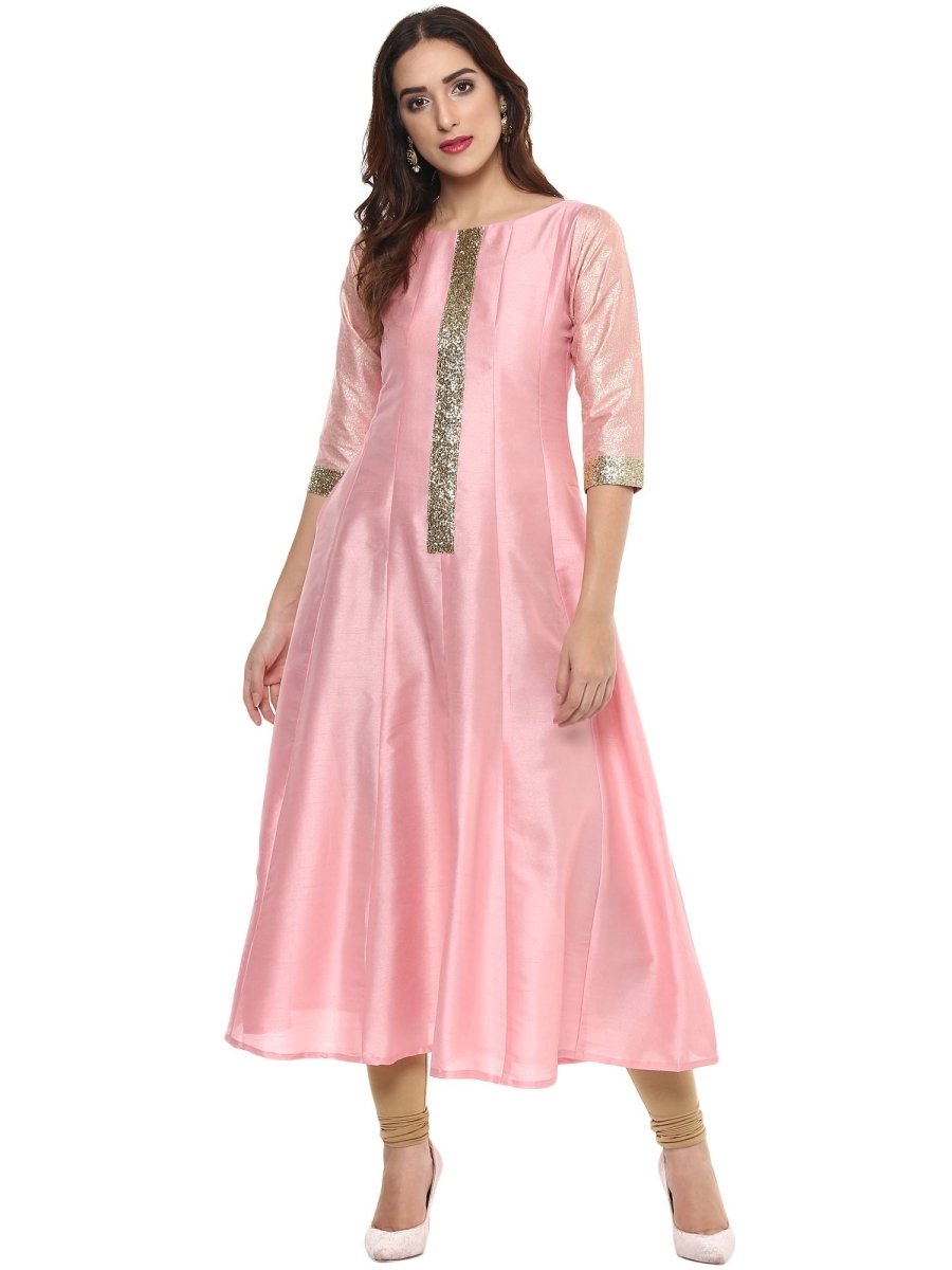 Ahalyaa Women's Pink Poly Silk Kurta | Swadesiicart