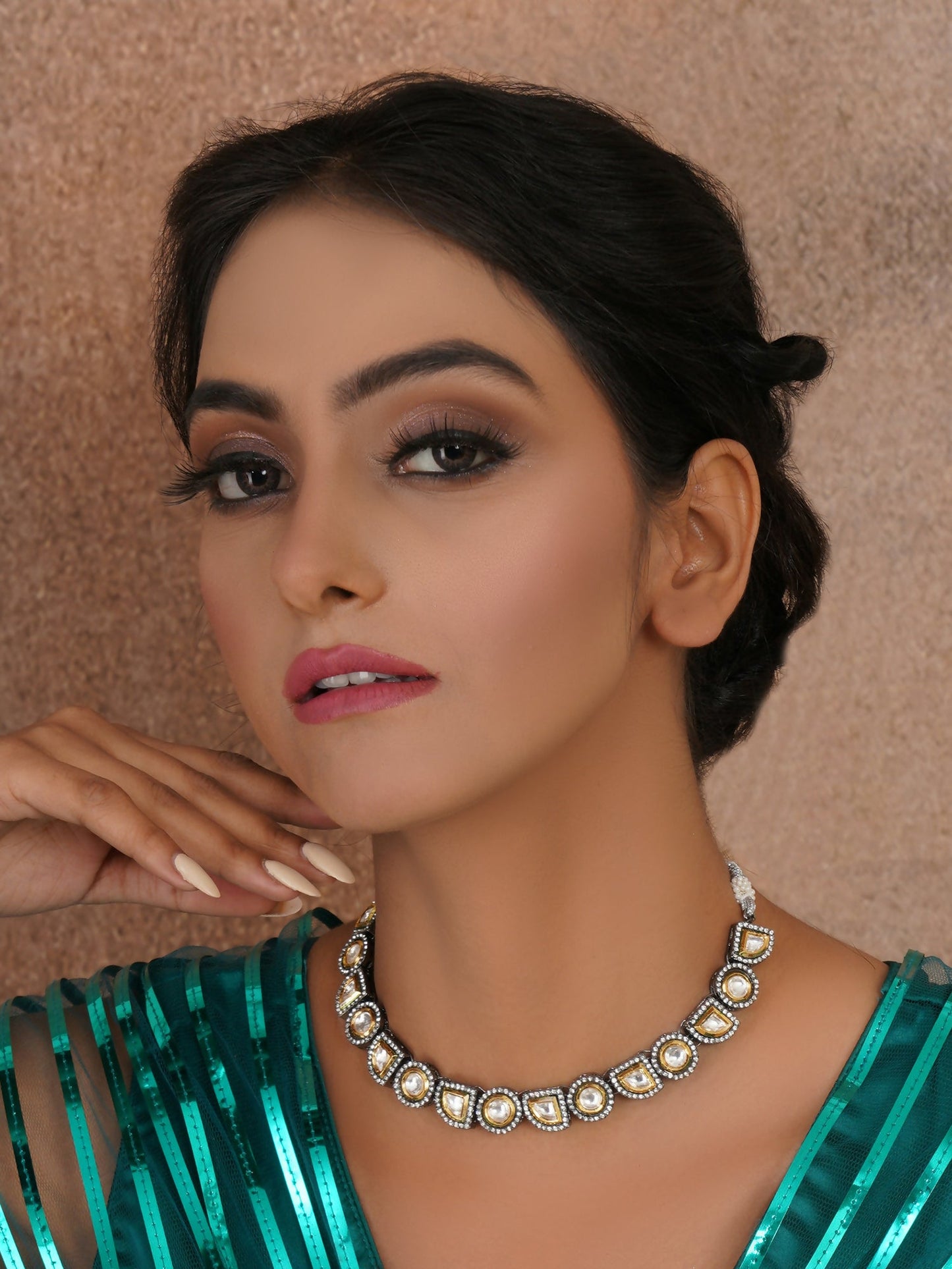 Dual Tone Kundan Neckpiece (silver) - Ruby Raang | Swadesiicart