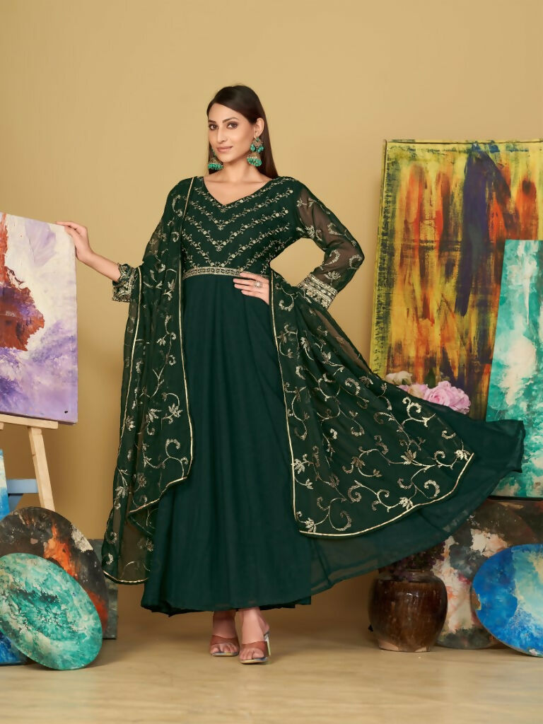 Jyoti Fashion Women's Bottle Green Georgette Embroidered Anarkali Kurta Pant Set With Dupatta | Swadesiicart