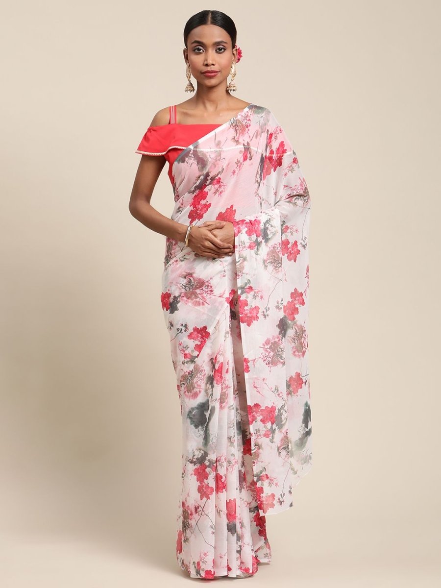 Ahalyaa Women's White Chiffon Digital Print Floral Saree | Swadesiicart