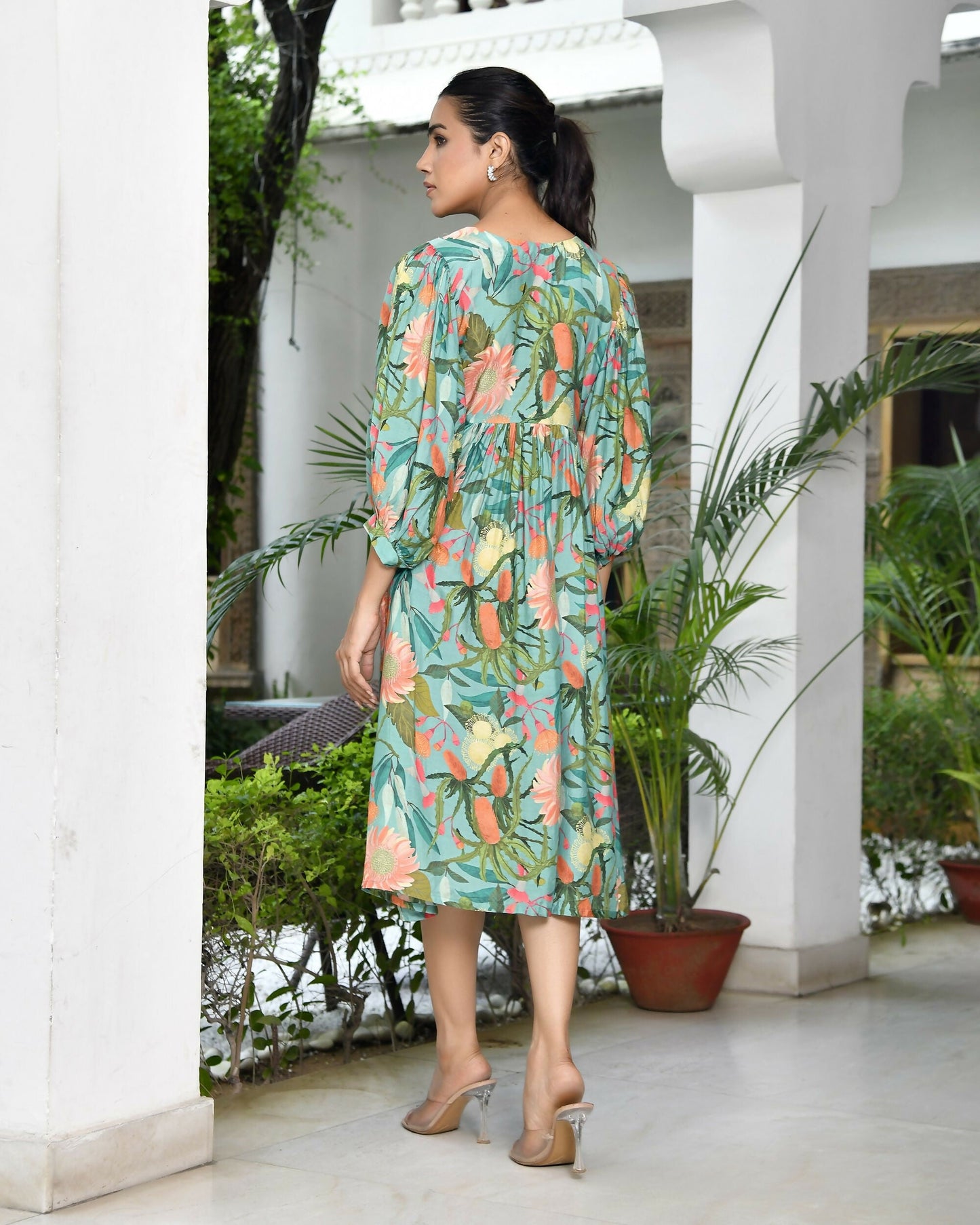 Vaasva Women's Teal Musline Viscose Digital Printed Dress | Swadesiicart