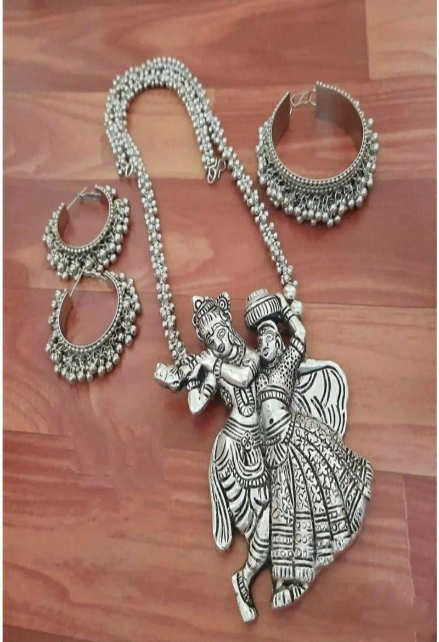 Mominos Fashion Johar Kamal Silver-Plated Brass Finish Radha Kishan Long Neckalce Combo Set For Women - Mominos Fashion
