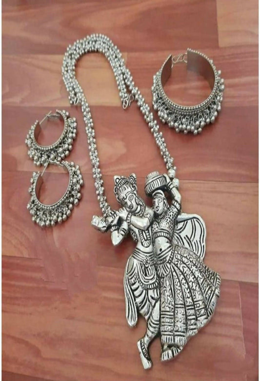 Mominos Fashion Johar Kamal Silver-Plated Brass Finish Radha Kishan Long Neckalce Combo Set For Women - Mominos Fashion