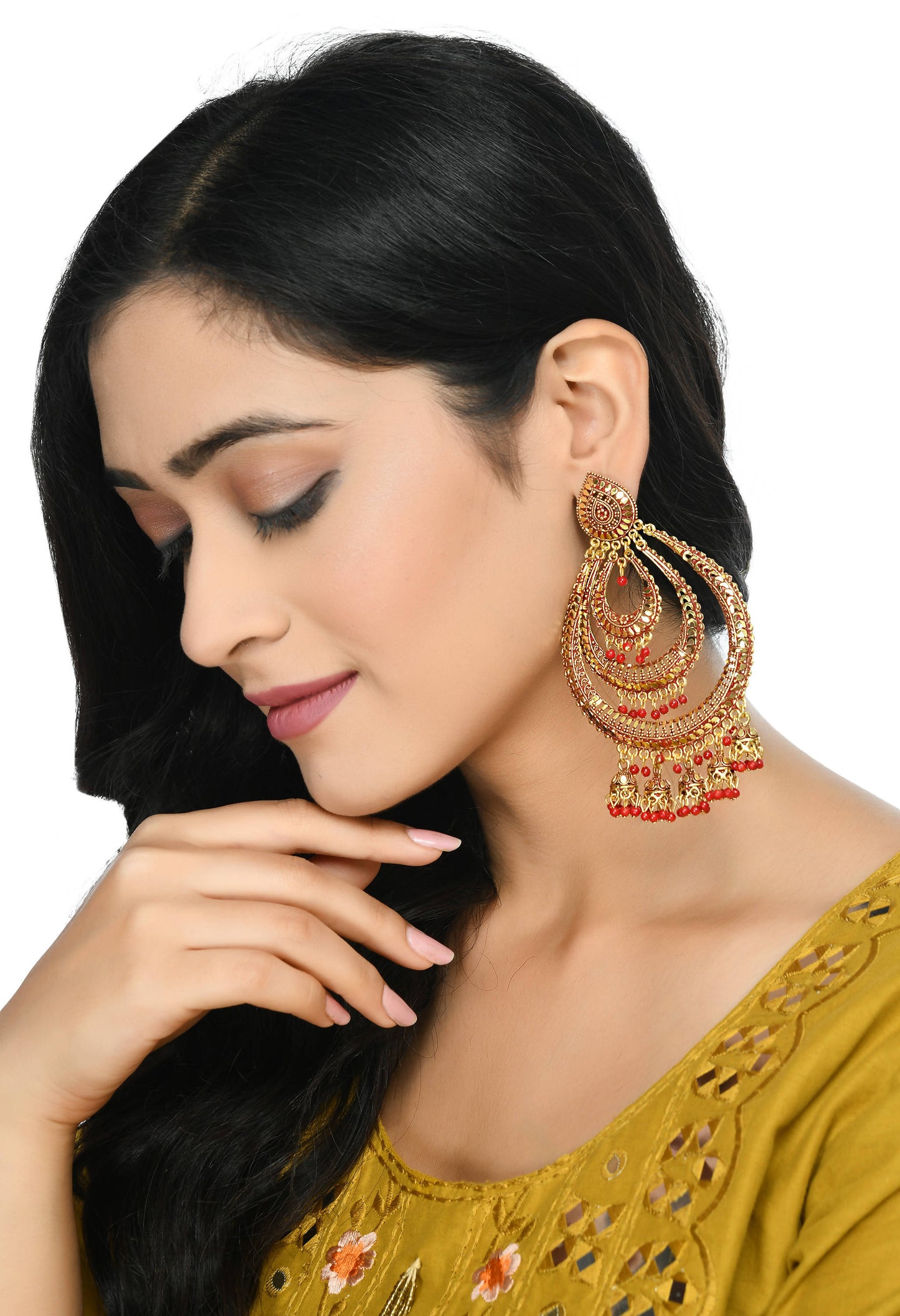 Mominos Fashion Johar Kamal Triple Circle White With Red Big Size Earrings - Swadesiicart