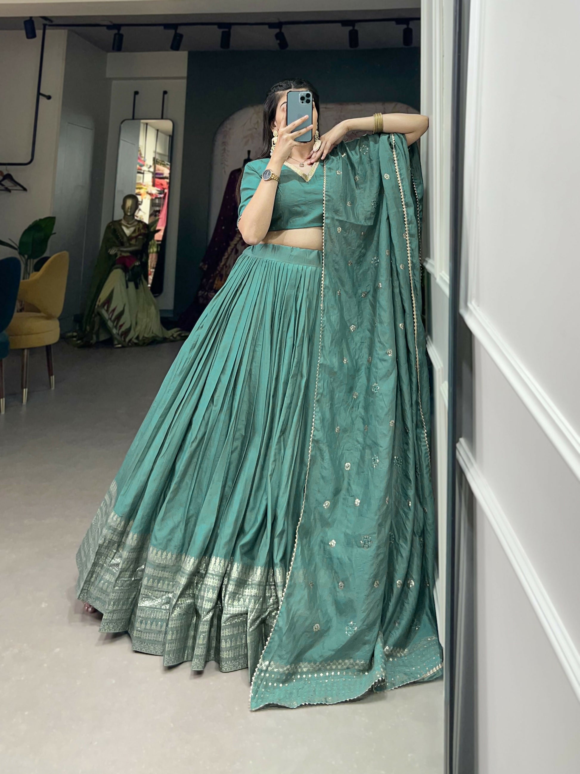 Lorenvalley Seagreen Pure Chanderi Plain With Zari Weaving Work Border Lehenga Choli | Swadesiicart
