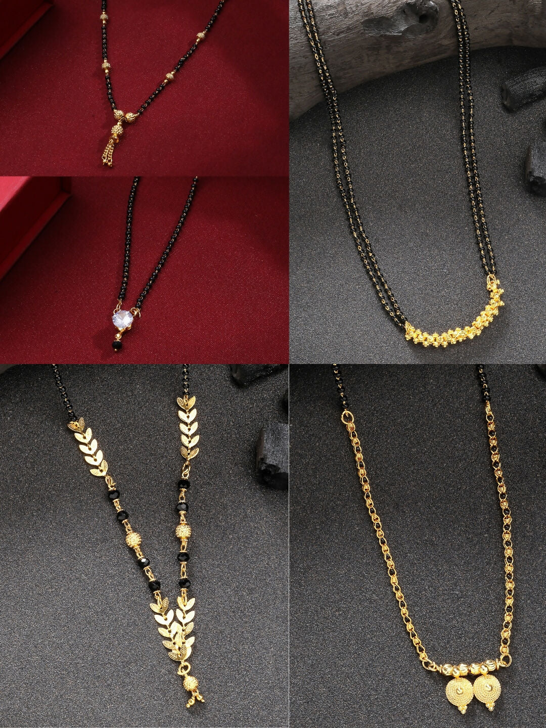 NVR Women's Set of 5 Gold-Polished Black Beaded Mangalsutra | Swadesiicart