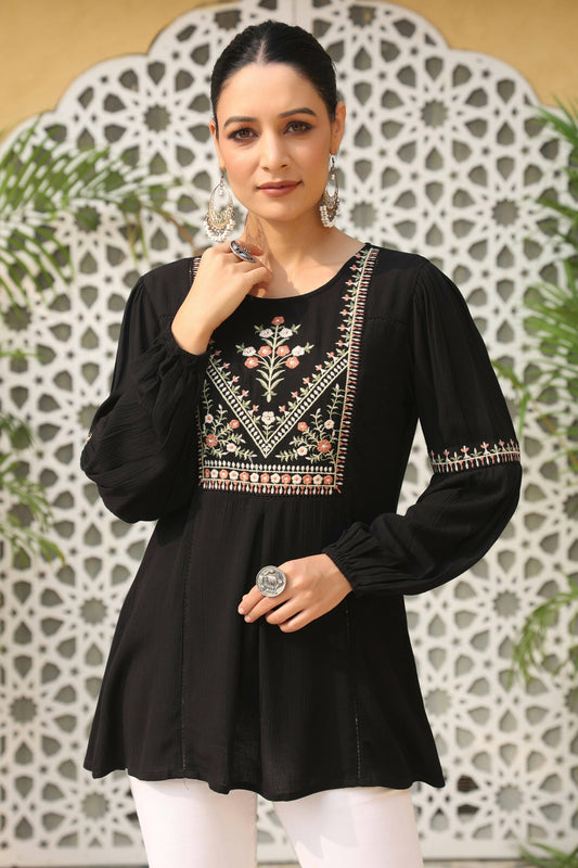 Juniper Women's Black Rayon Crepe Solid With Embroidery Straight Tunic | Swadesiicart