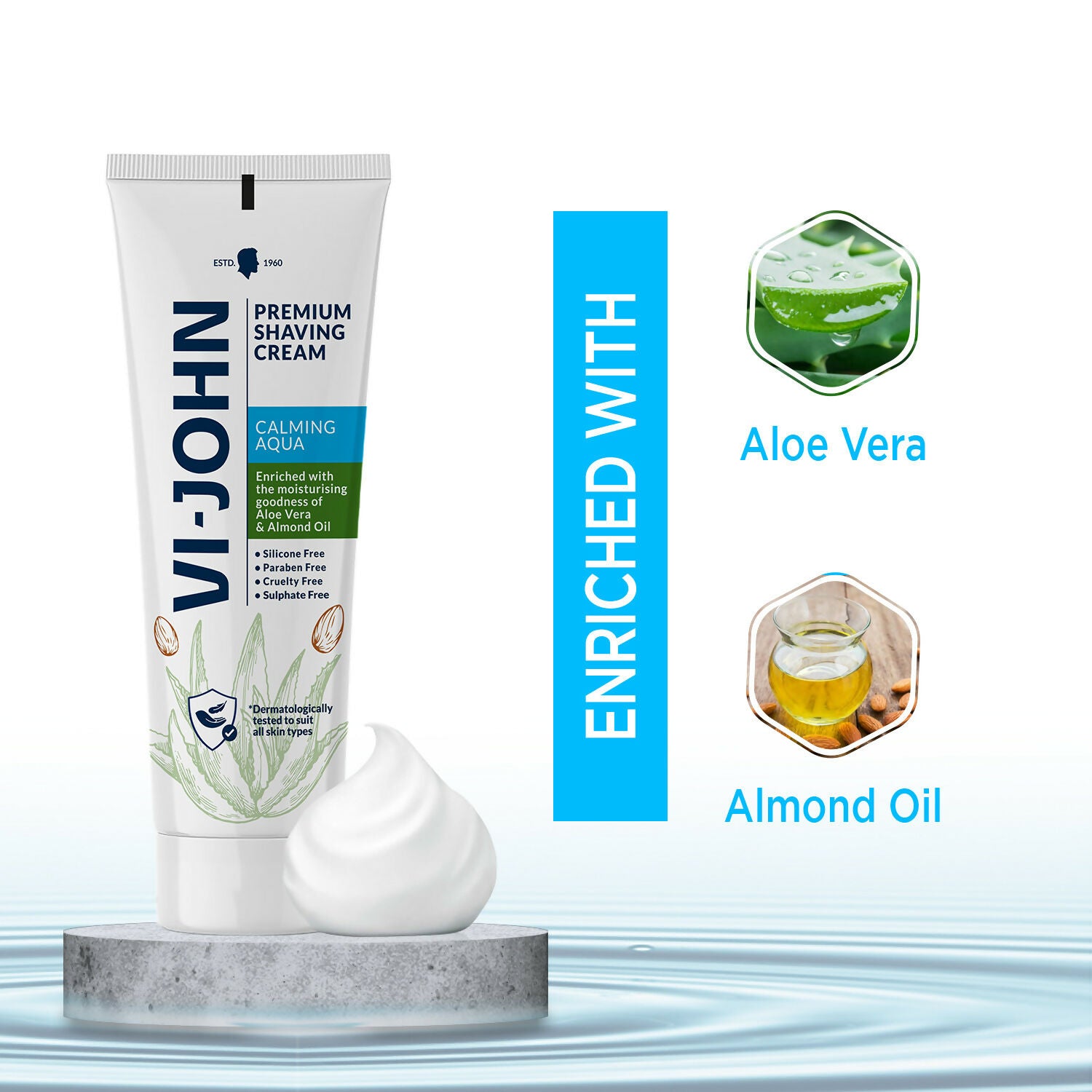 VI-JOHN Dermatologically Tested Premium Claming Aqua Shaving Cream Enriched with Aloevera & Almond Oil free From Silicone,Paraben & Mineral Oil | Swadesiicart