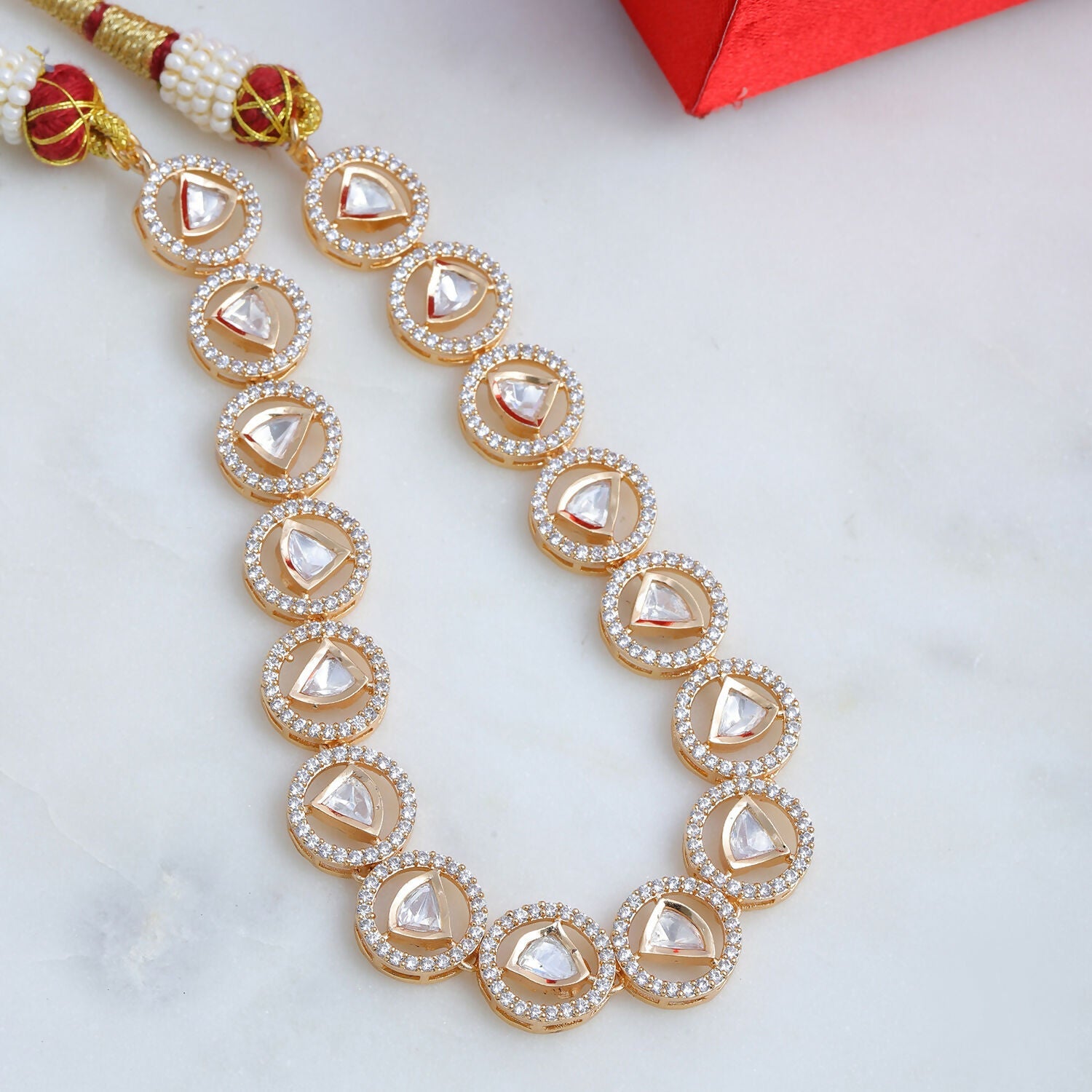 Patti Shapped Kundan and Round Diamond Neckpiece (Gold) - Ruby Raang | Swadesiicart