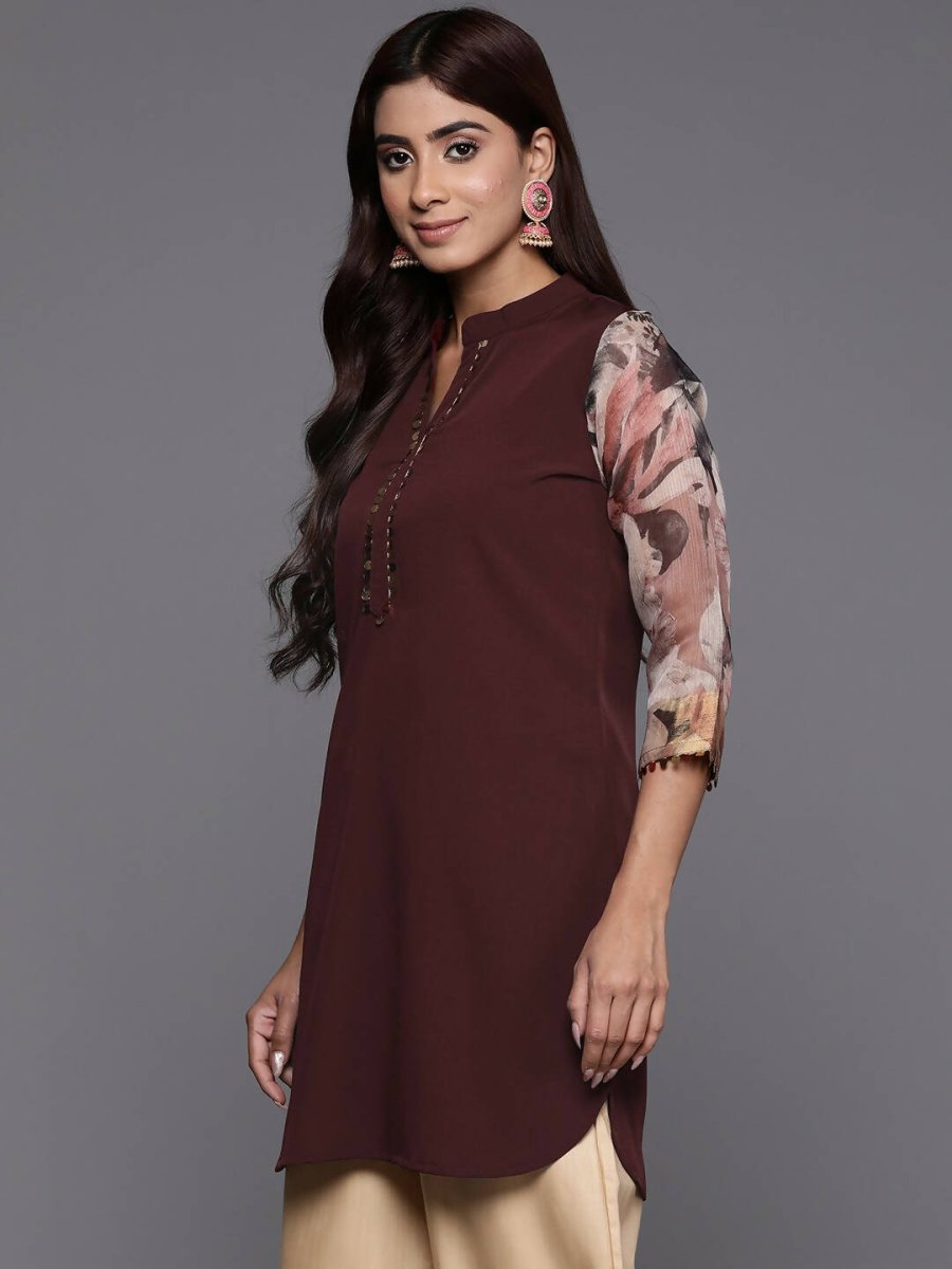 Ahalyaa Brown & Gold-Toned Mandarin Collar Printed Tunic - Brown Color | Swadesiicart
