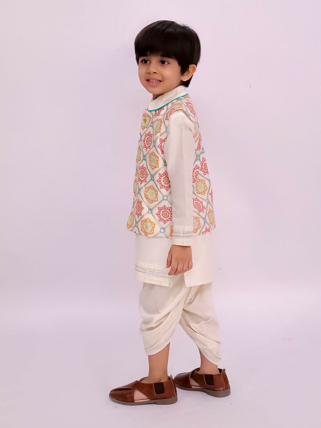 Lil Drama Mishti White Kurta Dhoti and Jacket For Boys | Swadesiicart