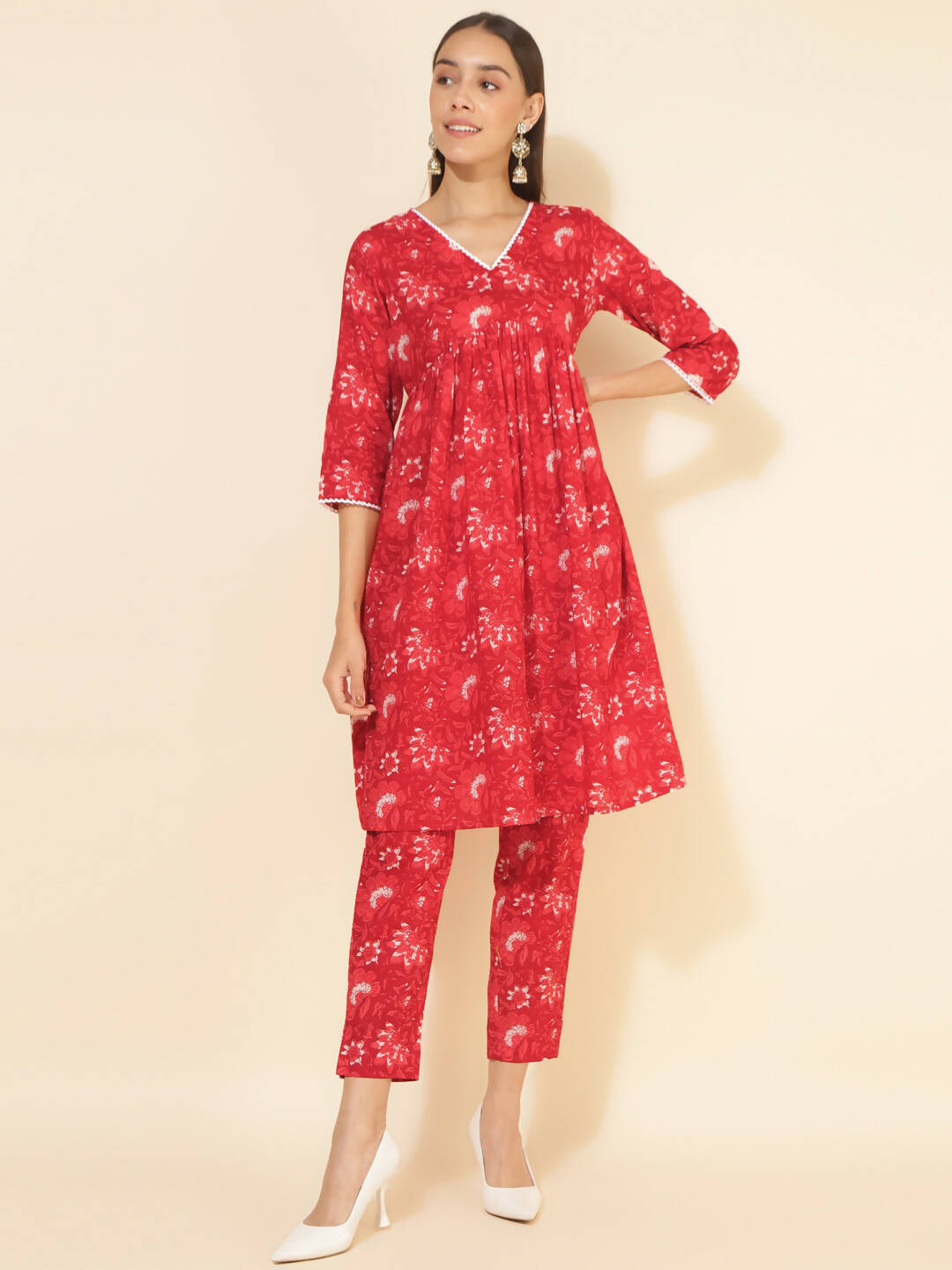 Janasya Women's Red Cotton Floral Printed Casual Flared Co-ords - Swadesiicart