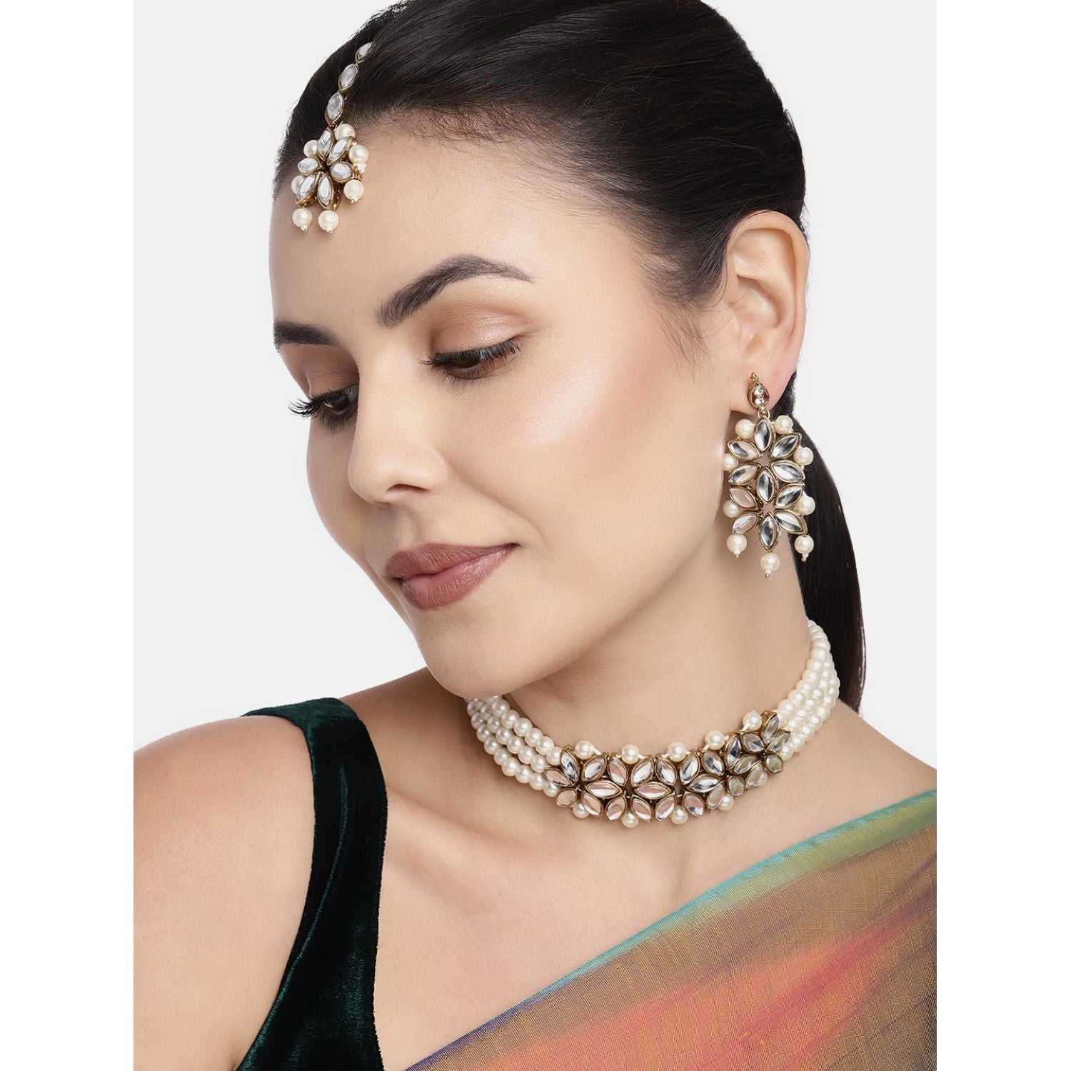 Gold-Polished Kundan & Pearl Beaded Choker Set for Women/Girls - Wahe Jewels - Swadesiicart