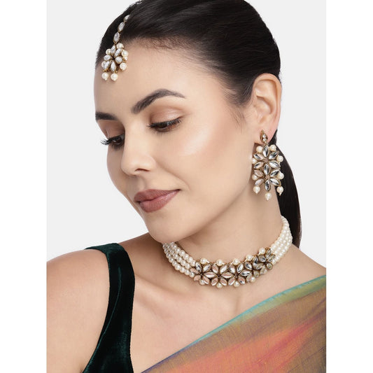 Gold-Polished Kundan & Pearl Beaded Choker Set for Women/Girls - Wahe Jewels - Swadesiicart