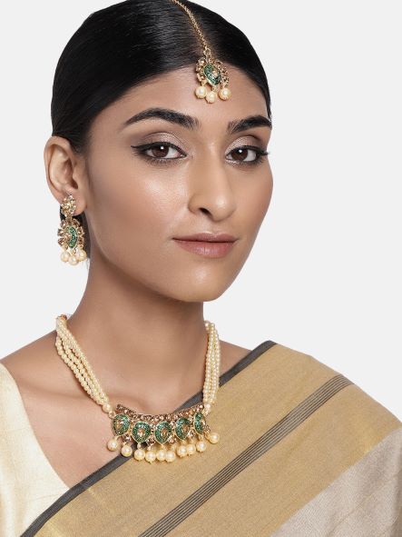 Gold-Polished Green Meenakari Choker Set Glided With Pearls For Women/Girls - Wahe Jewels - Swadesiicart