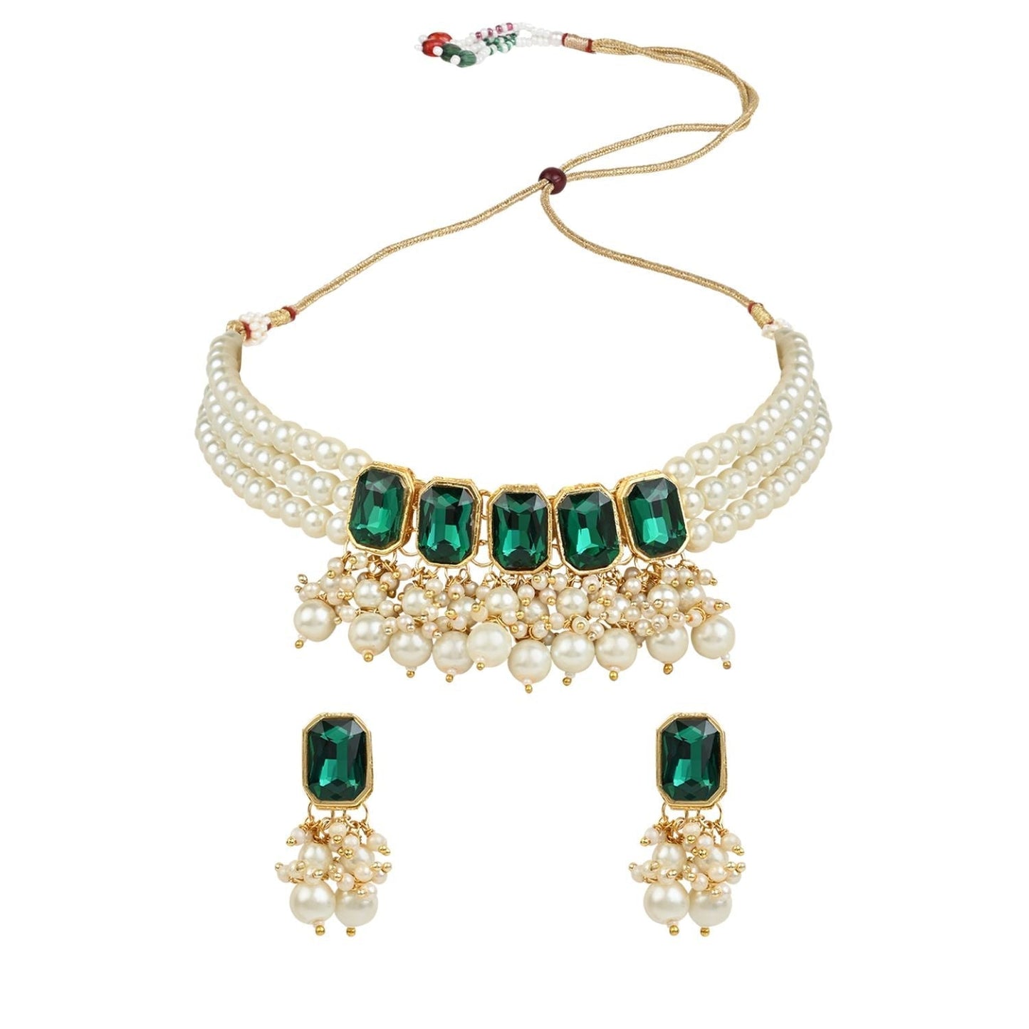 Gold-Polished Traditional Green Stone Studded Multi Layered White Pearl Choker Necklace Jewellery Set with Earrings for Women And Girls - Wahe Jewels - Swadesiicart
