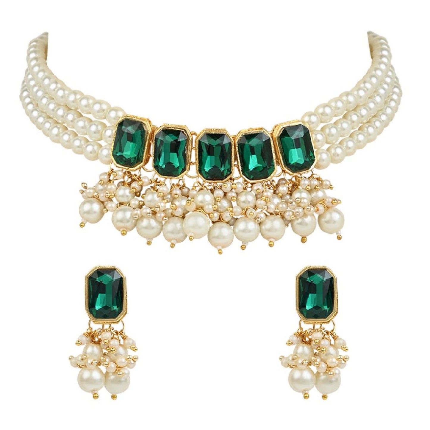 Gold-Polished Traditional Green Stone Studded Multi Layered White Pearl Choker Necklace Jewellery Set with Earrings for Women And Girls - Wahe Jewels - Swadesiicart