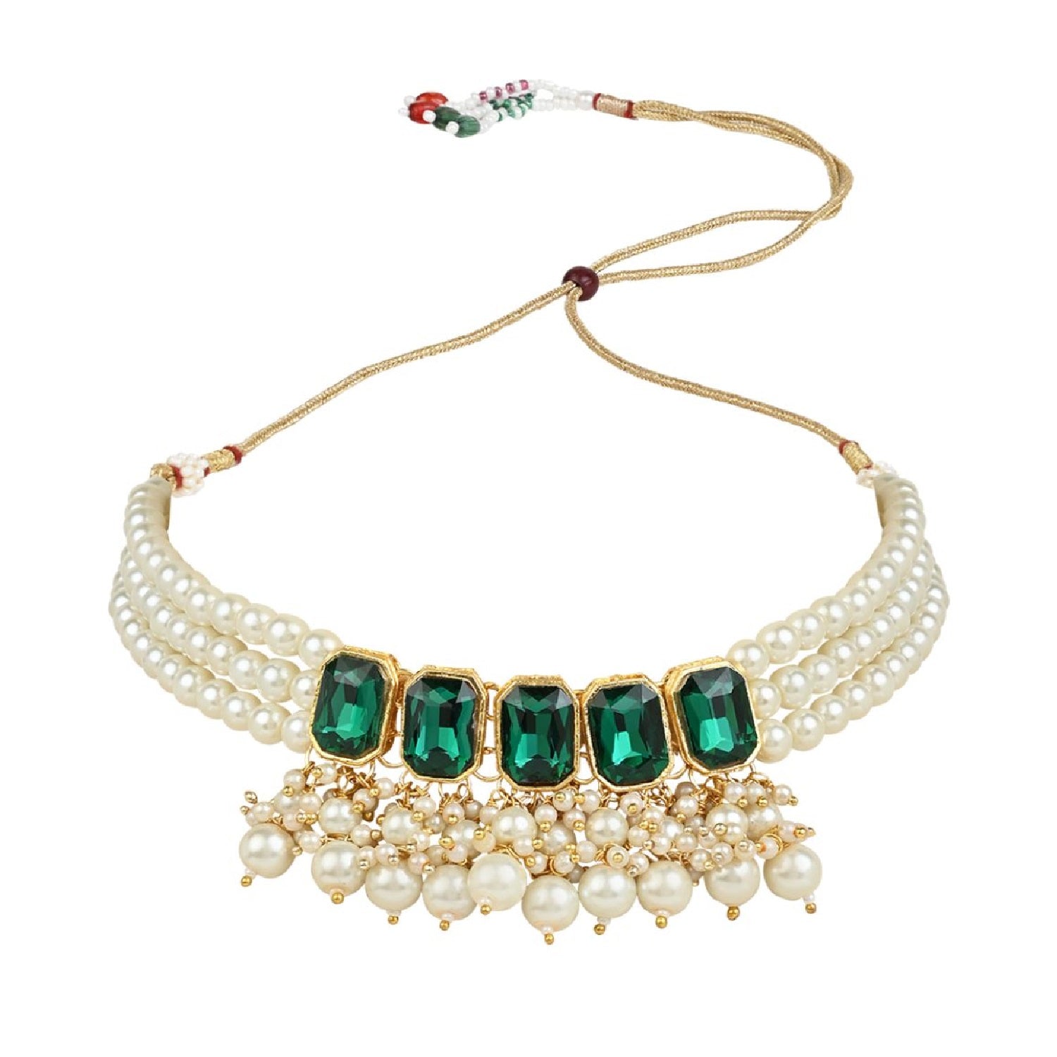 Gold-Polished Traditional Green Stone Studded Multi Layered White Pearl Choker Necklace Jewellery Set with Earrings for Women And Girls - Wahe Jewels - Swadesiicart