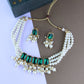 Gold-Polished Traditional Green Stone Studded Multi Layered White Pearl Choker Necklace Jewellery Set with Earrings for Women And Girls - Wahe Jewels - Swadesiicart