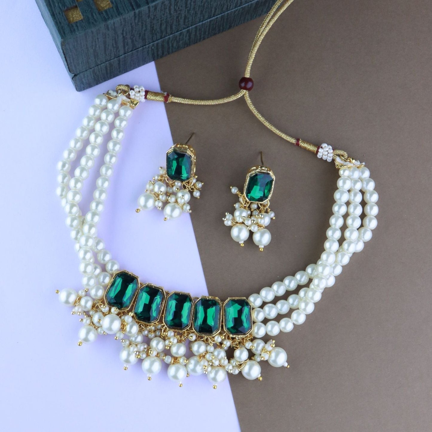 Gold-Polished Traditional Green Stone Studded Multi Layered White Pearl Choker Necklace Jewellery Set with Earrings for Women And Girls - Wahe Jewels - Swadesiicart